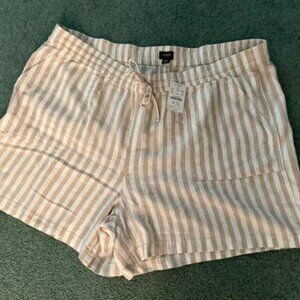 NWT -J Crew Linen Shorts White Khaki Striped Drawstring Pockets Women’s Size XXL